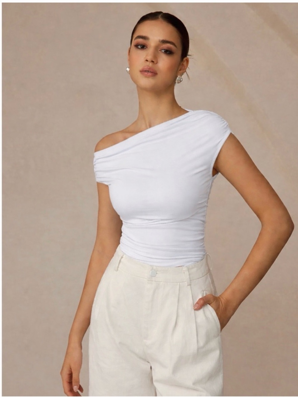 Commense White One-Shoulder Ruched Tank Top